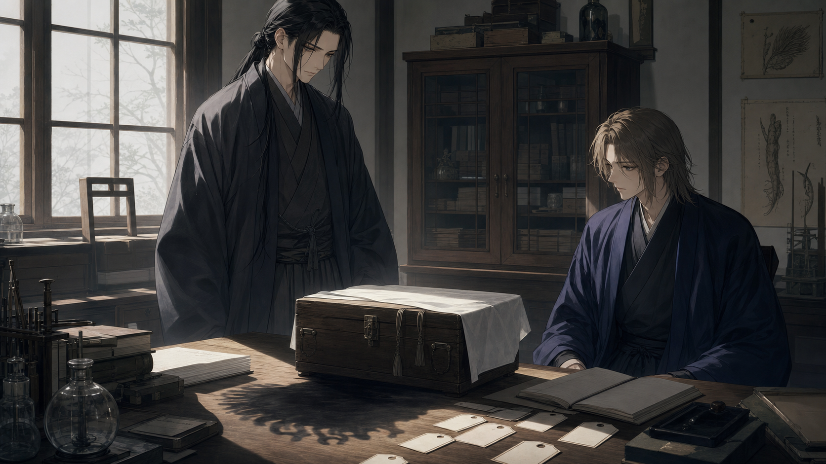 『理玄異聞録』の志岐理一郎と久遠異紀が標本箱を前に観測する